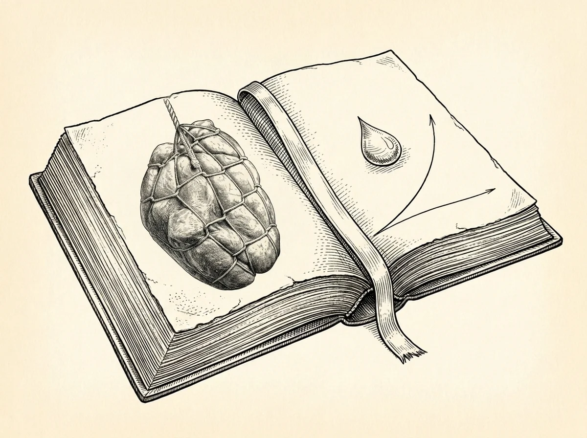An ink drawing of the Curesmith Codex, a thick reference book open to a netted culatello and a water-activity diagram.