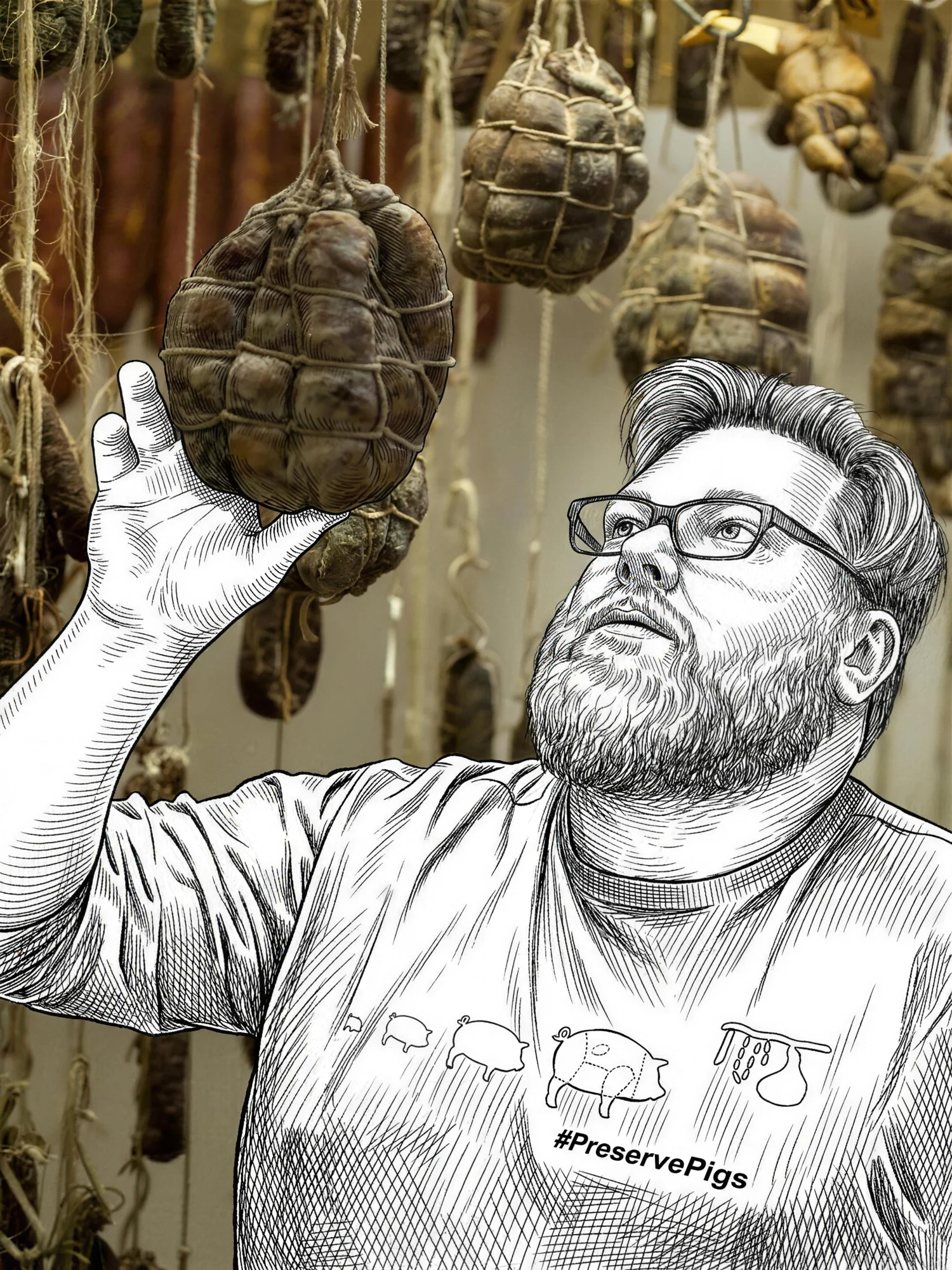 Gilbert Ferreira, drawn in ink, reaching up among the real hanging culatelli and salami of the curing cellar.
