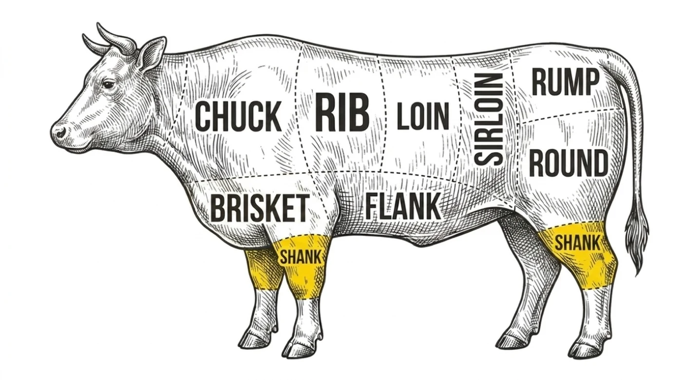 Beef cut chart with the shin and shank highlighted