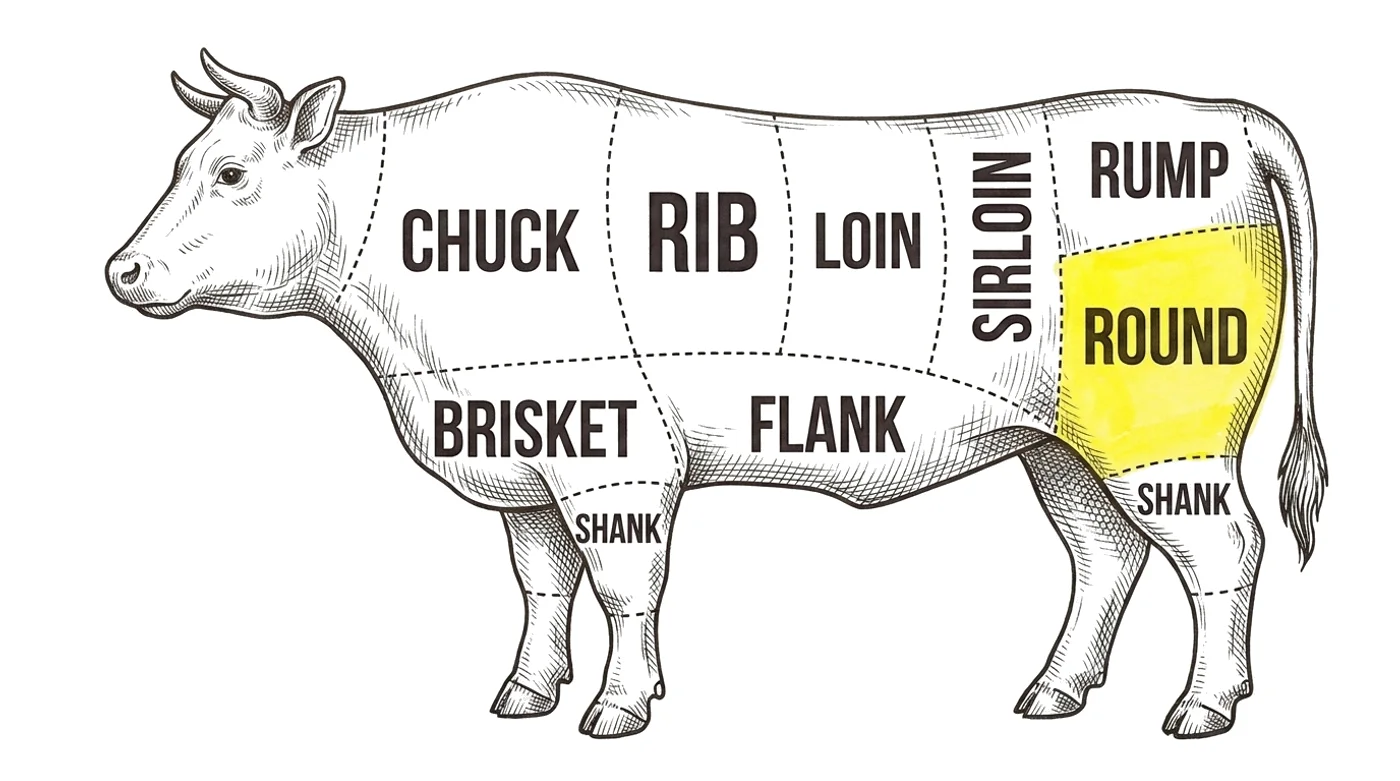 Beef cut chart with the Silverside (round) highlighted