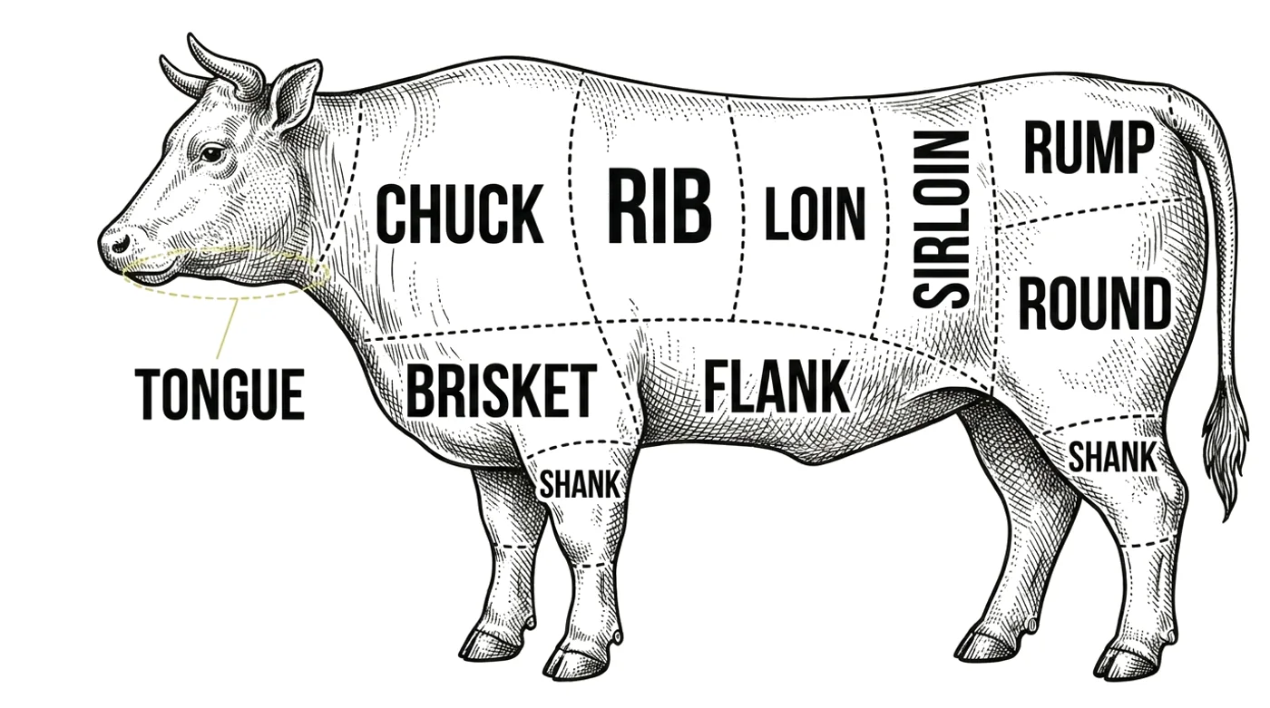 Beef cut chart with the Tongue highlighted