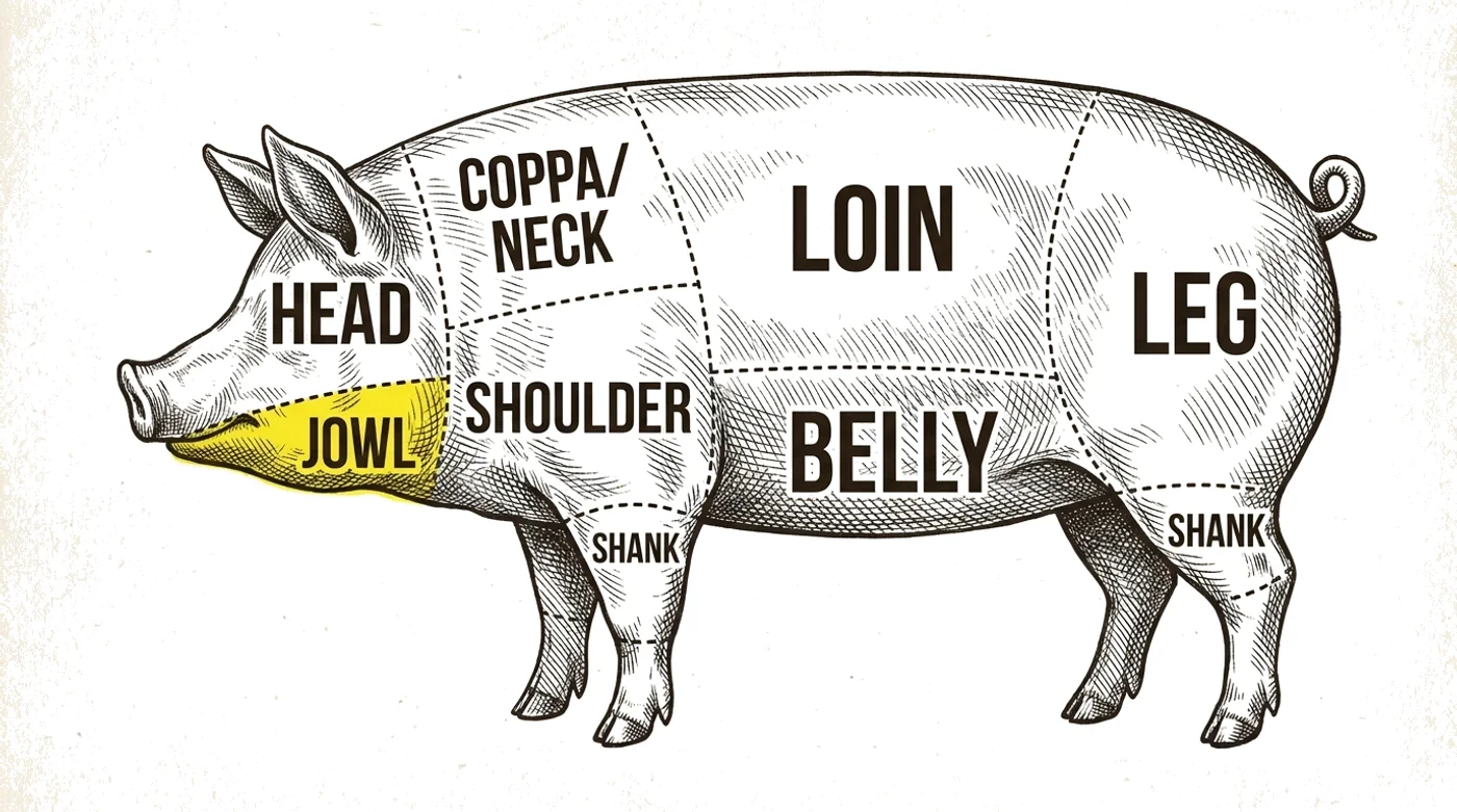 Pork cut chart with the Jowl (cheek) highlighted