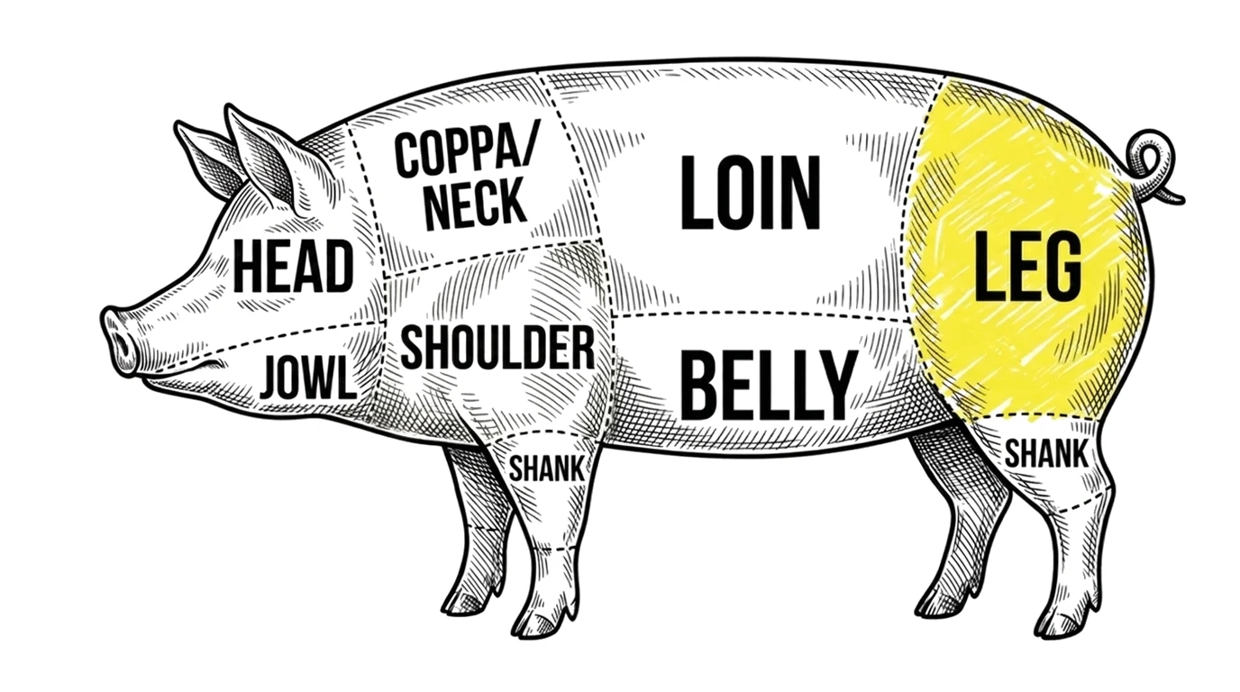 Pork cut chart with the Hind leg (ham) highlighted